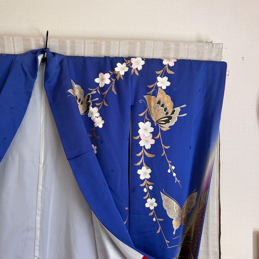 成人式　振袖　着物　正絹　青　肩身丈169㎝