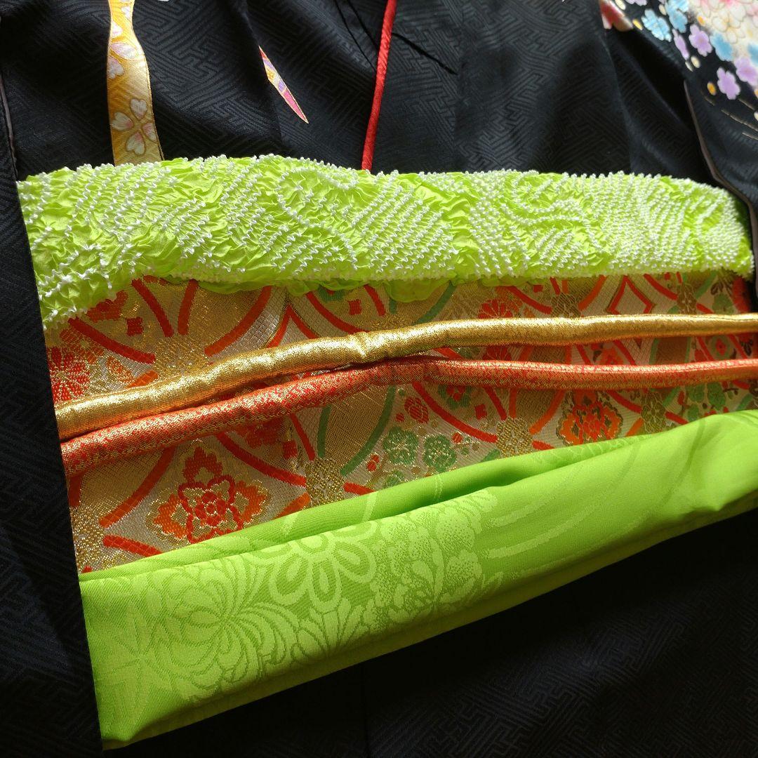 七五三 7歳 女の子 着物 フルセット 正絹 帯はこせこセット 黒地 八重桜 鞠