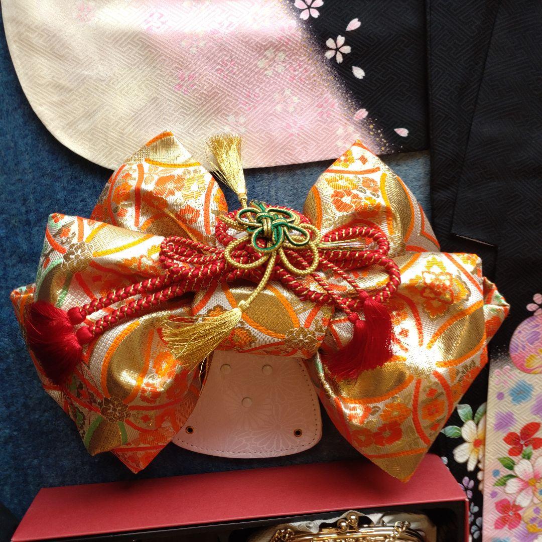 七五三 7歳 女の子 着物 フルセット 正絹 帯はこせこセット 黒地 八重桜 鞠