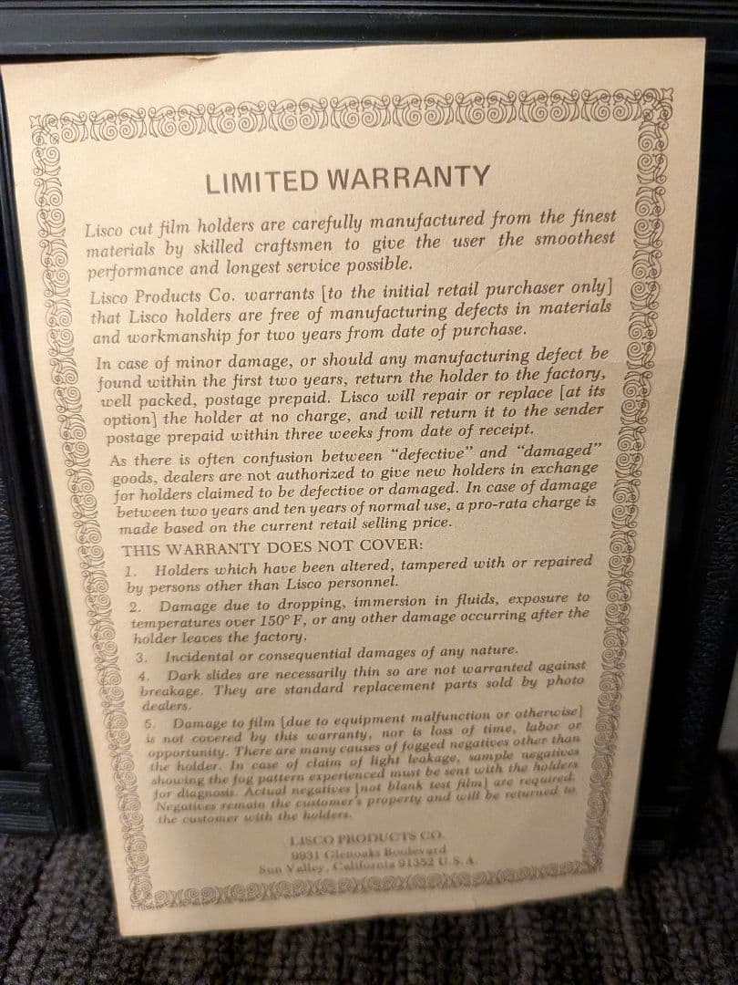 Lisco Regal II 4x5フィルムホルダー 元箱、保証書付&バラ計7枚