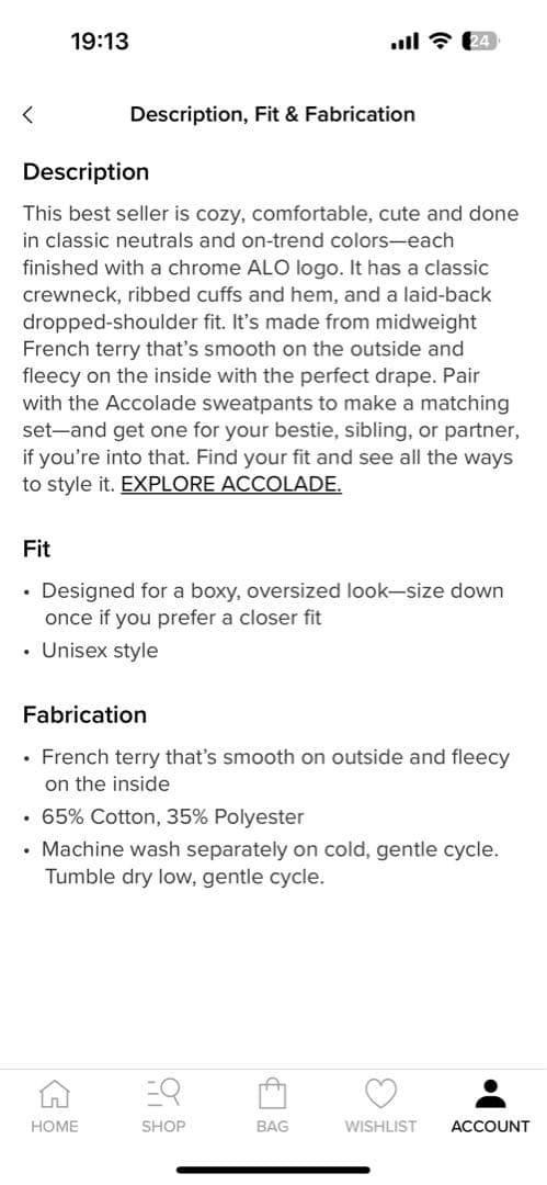 alo ブラック クルーネックスウェット XXS