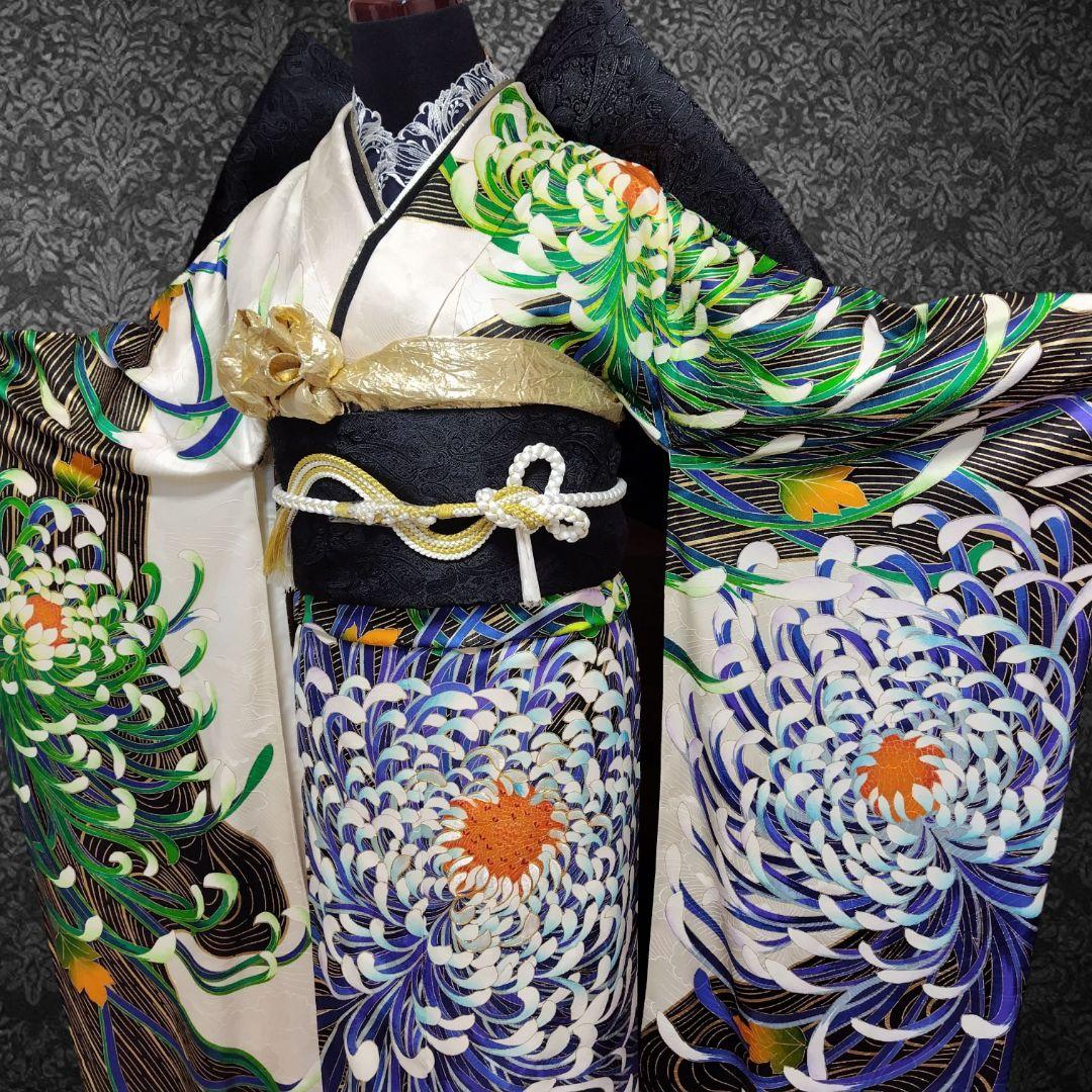 振袖フルセット(7点)・成人式・大輪花模様・金彩加工・金駒刺繍・正絹・逸品