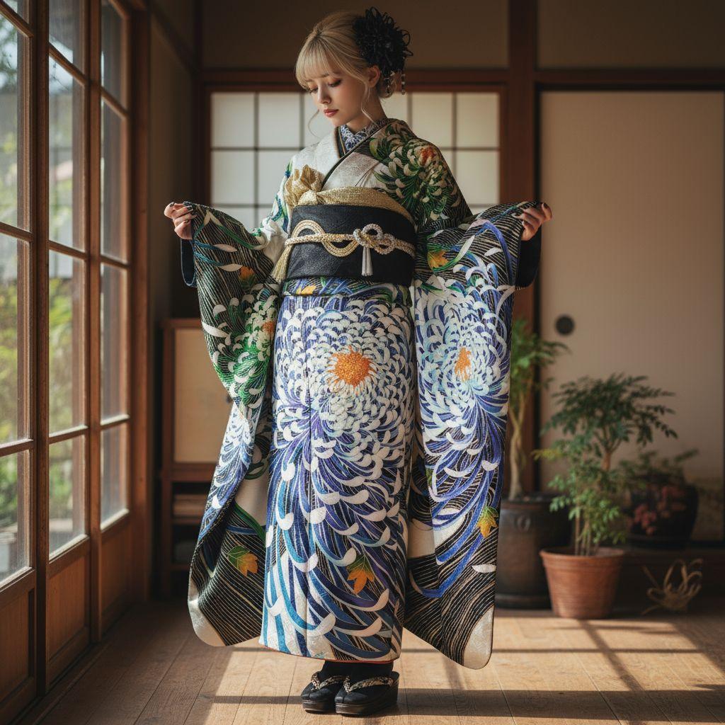 振袖フルセット(7点)・成人式・大輪花模様・金彩加工・金駒刺繍・正絹・逸品