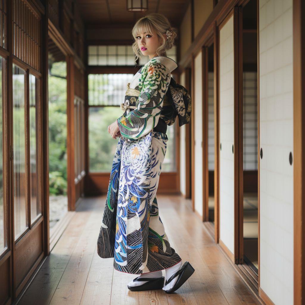 振袖フルセット(7点)・成人式・大輪花模様・金彩加工・金駒刺繍・正絹・逸品