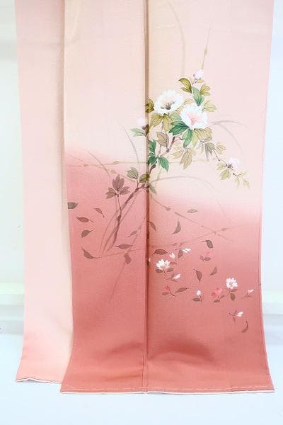 未使用品 訪問着 縮緬地 薄ピンク 手描き友禅 枝花 身丈166cm