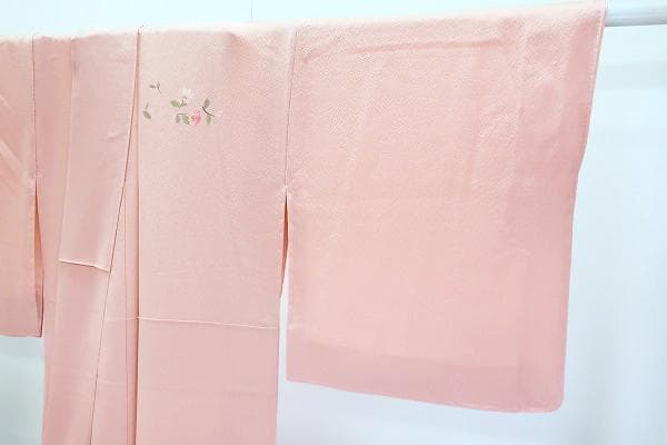 未使用品 訪問着 縮緬地 薄ピンク 手描き友禅 枝花 身丈166cm