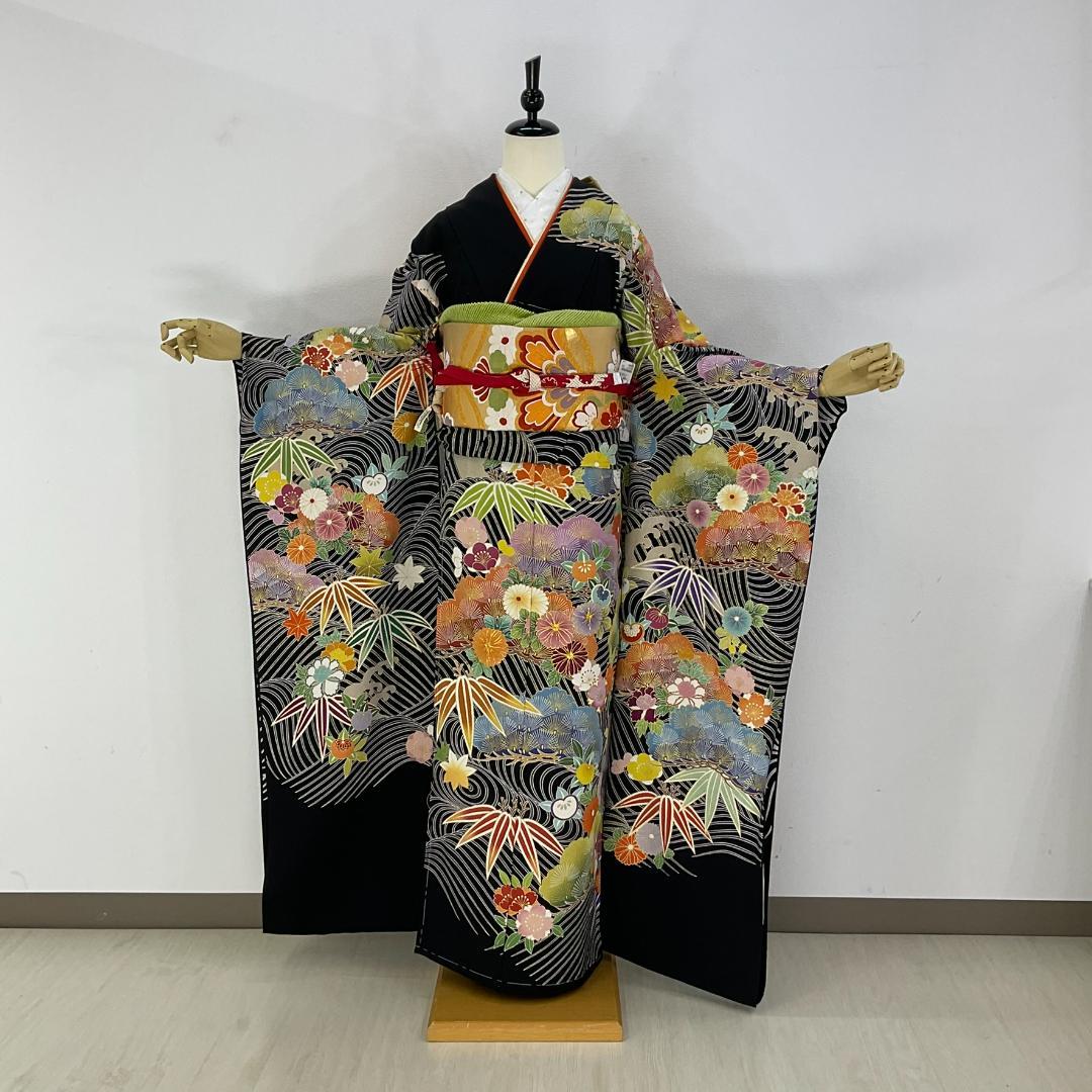 正絹お振袖　新品未仕立て品　サイズ自由　黒　本格友禅　お仕立て付き