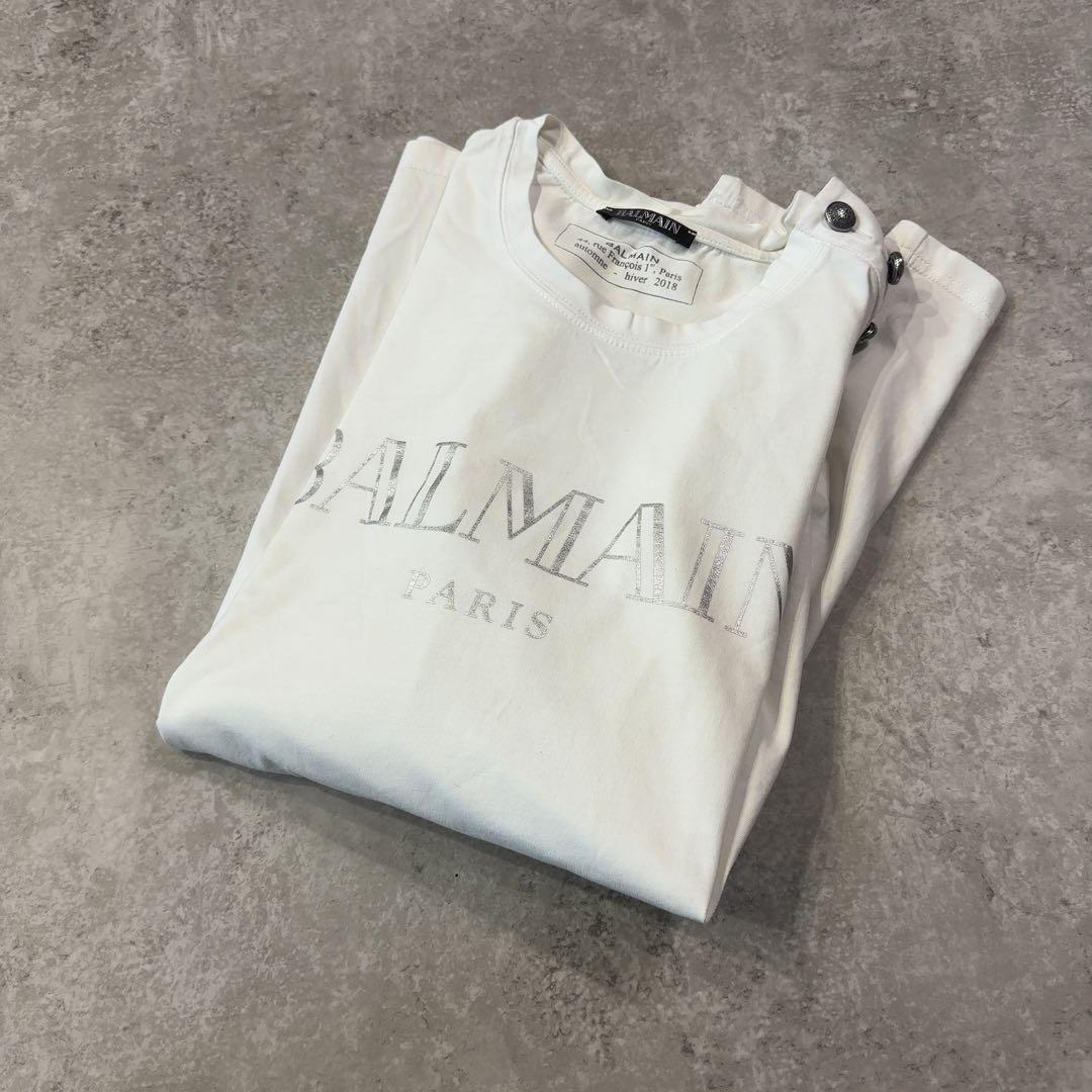 BALMAIN バルマン ホワイト 肩釦 ロゴ カットソー　長袖　ロンT XS