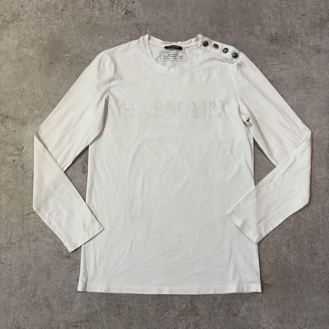 BALMAIN バルマン ホワイト 肩釦 ロゴ カットソー　長袖　ロンT XS