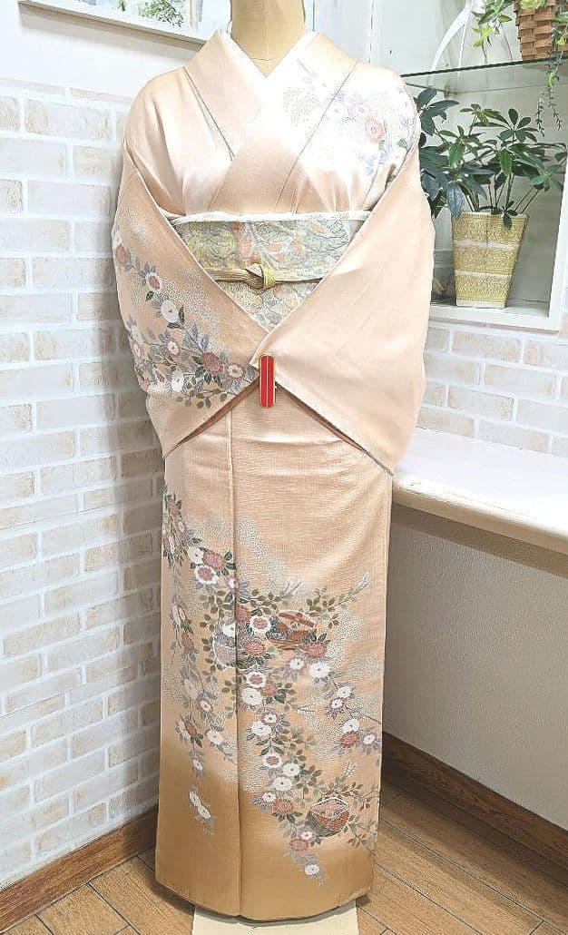 オレンジベージュ糸巻訪問着と袋帯・帯揚げ帯締めの4点フルセット