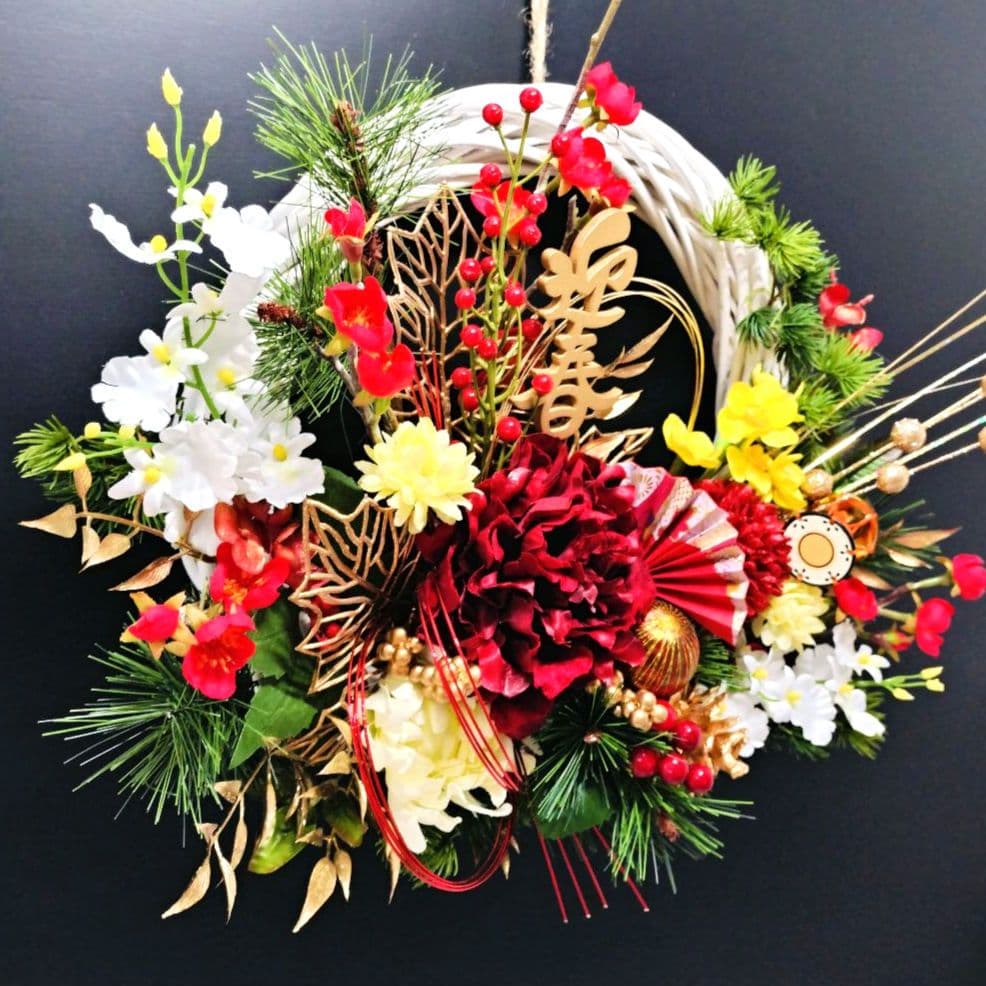 商品名【睦花】華やか！❤ ダリアとマムのお正月リース 冬リース 玄関リース
