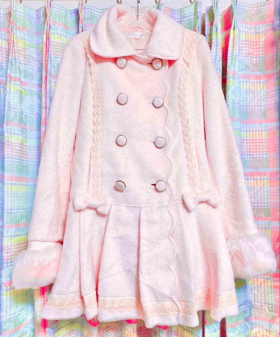 夢展望 ロングコート フレアコート ￼姫系 パステル ピンク リボン 古着