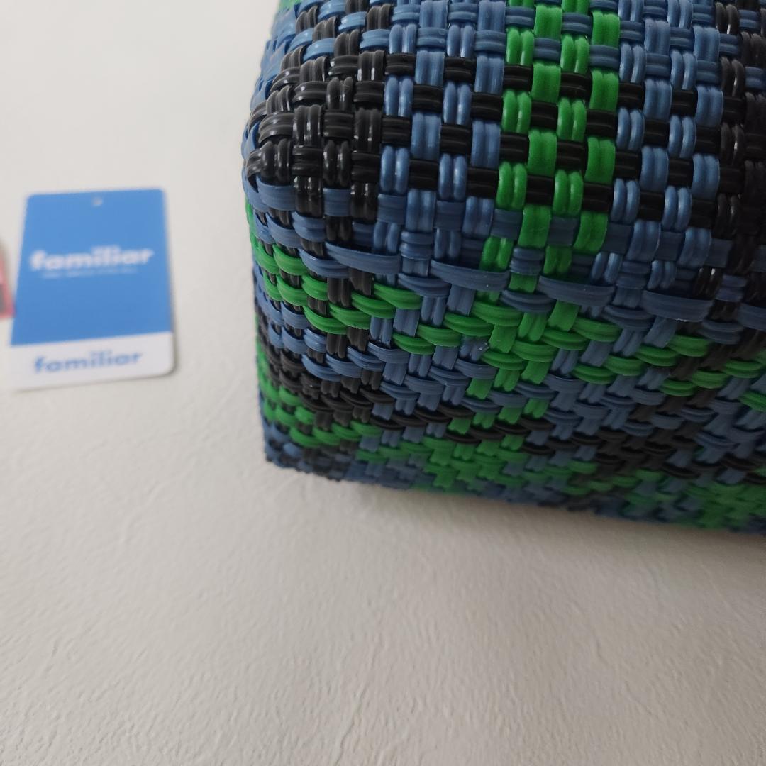 ファミリア　メルカドバッグ　緑　青　チェック　かご　グリーン　ブルー