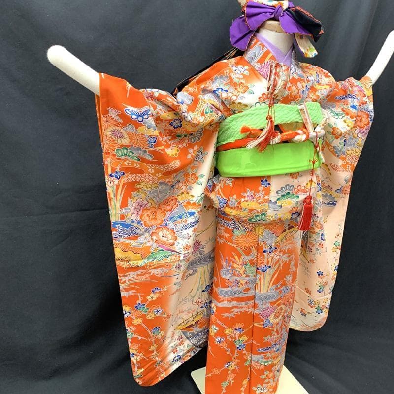 412ag66□七五三 七歳 女児 着物&袋帯 縮緬地 型染 紅型風□状態良好u