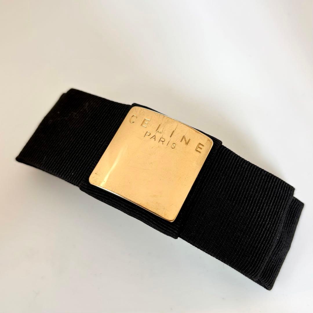 【美品】【セリーヌ】CELINE ロゴ リボン バレッタ 黒 ゴールド色金具