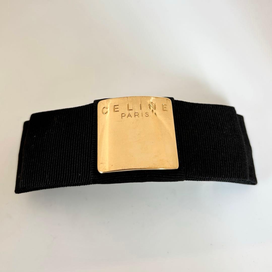 【美品】【セリーヌ】CELINE ロゴ リボン バレッタ 黒 ゴールド色金具