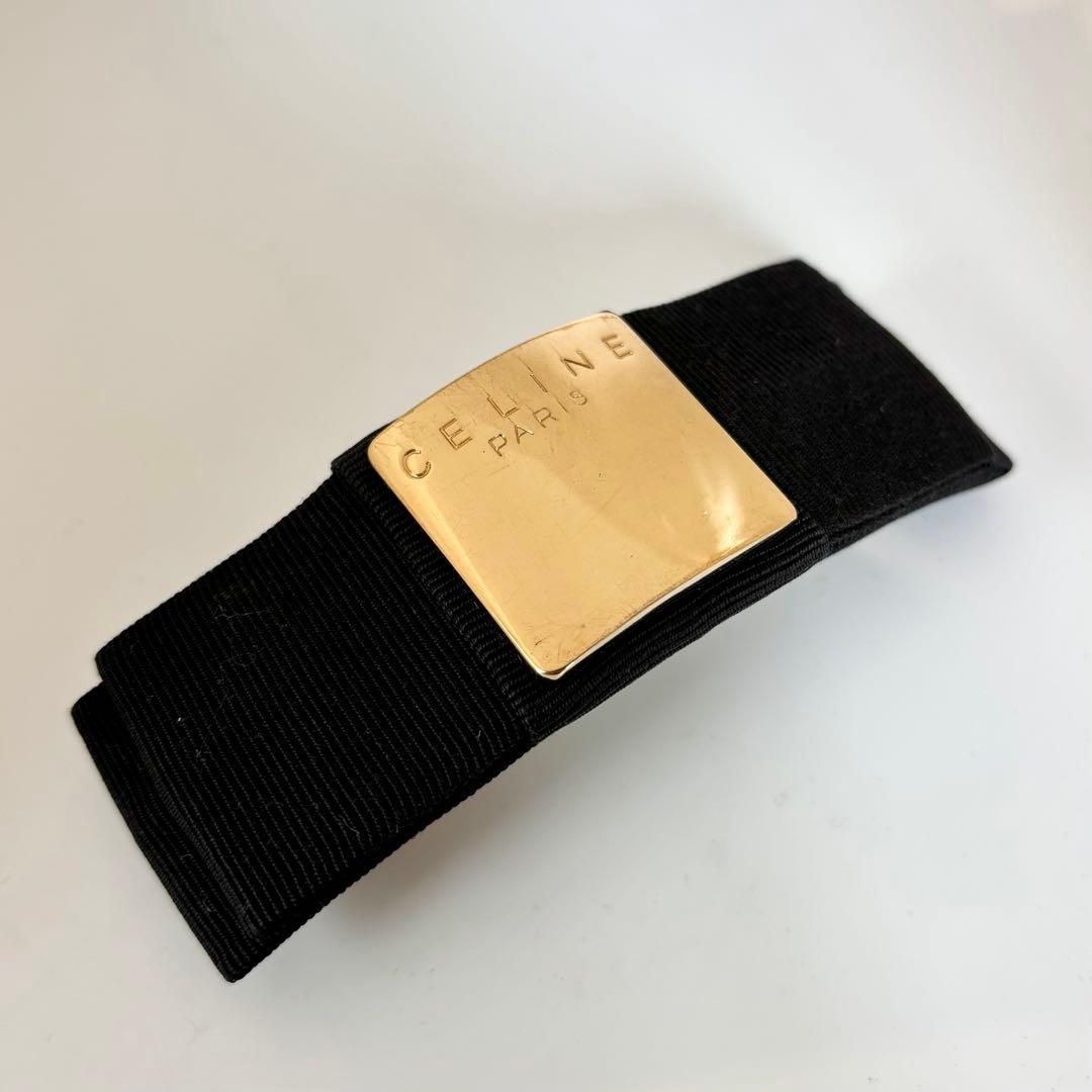 【美品】【セリーヌ】CELINE ロゴ リボン バレッタ 黒 ゴールド色金具