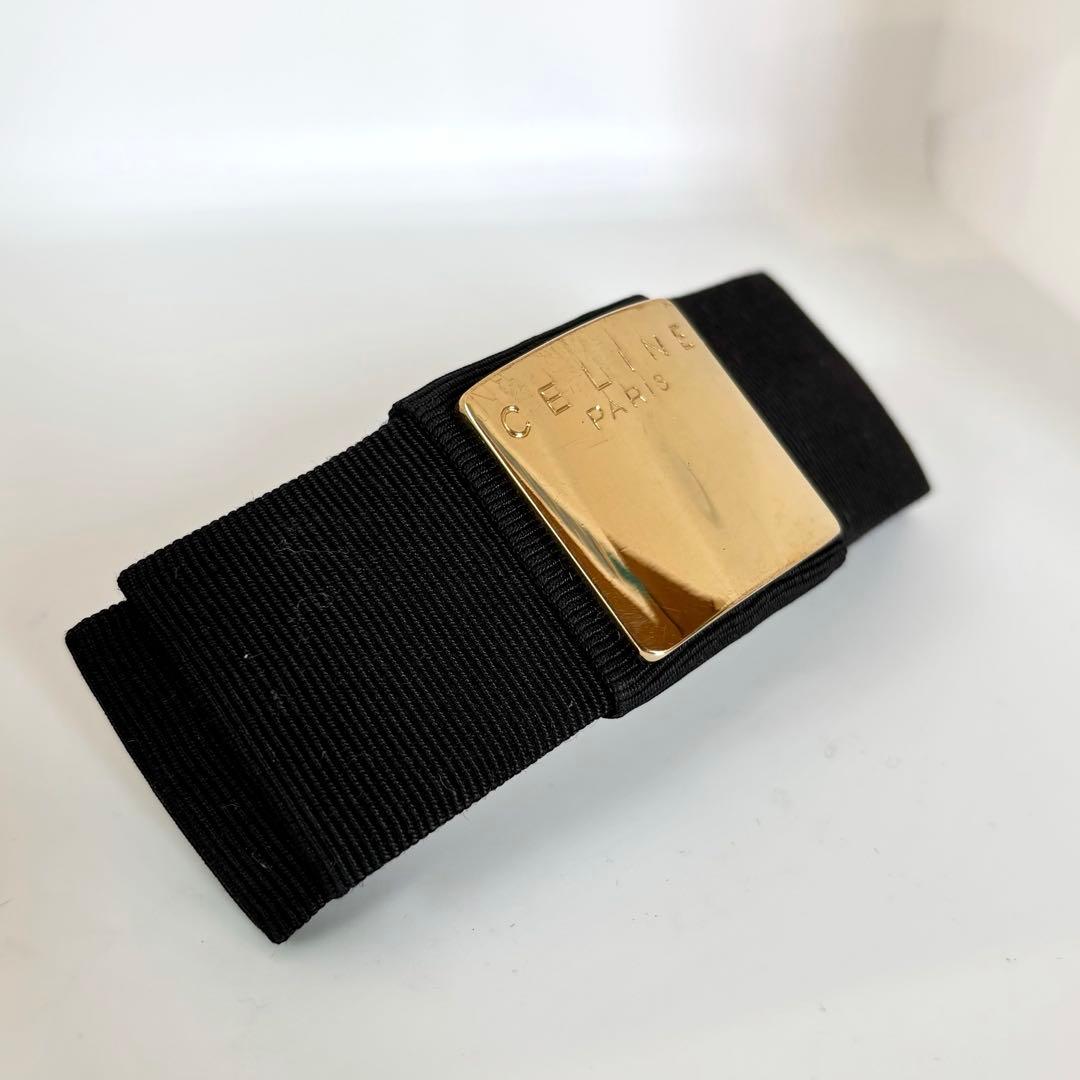 【美品】【セリーヌ】CELINE ロゴ リボン バレッタ 黒 ゴールド色金具