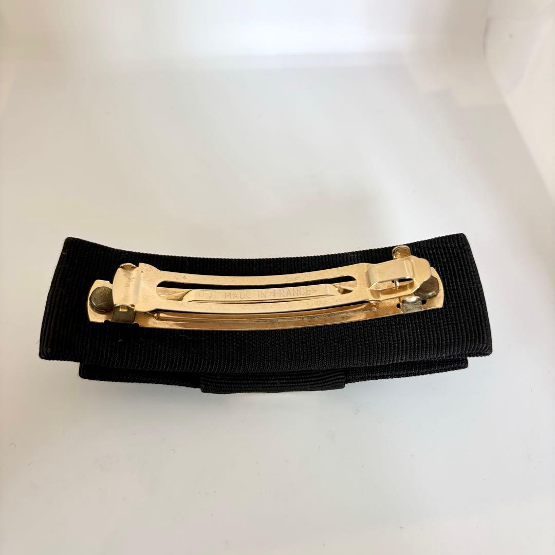 【美品】【セリーヌ】CELINE ロゴ リボン バレッタ 黒 ゴールド色金具