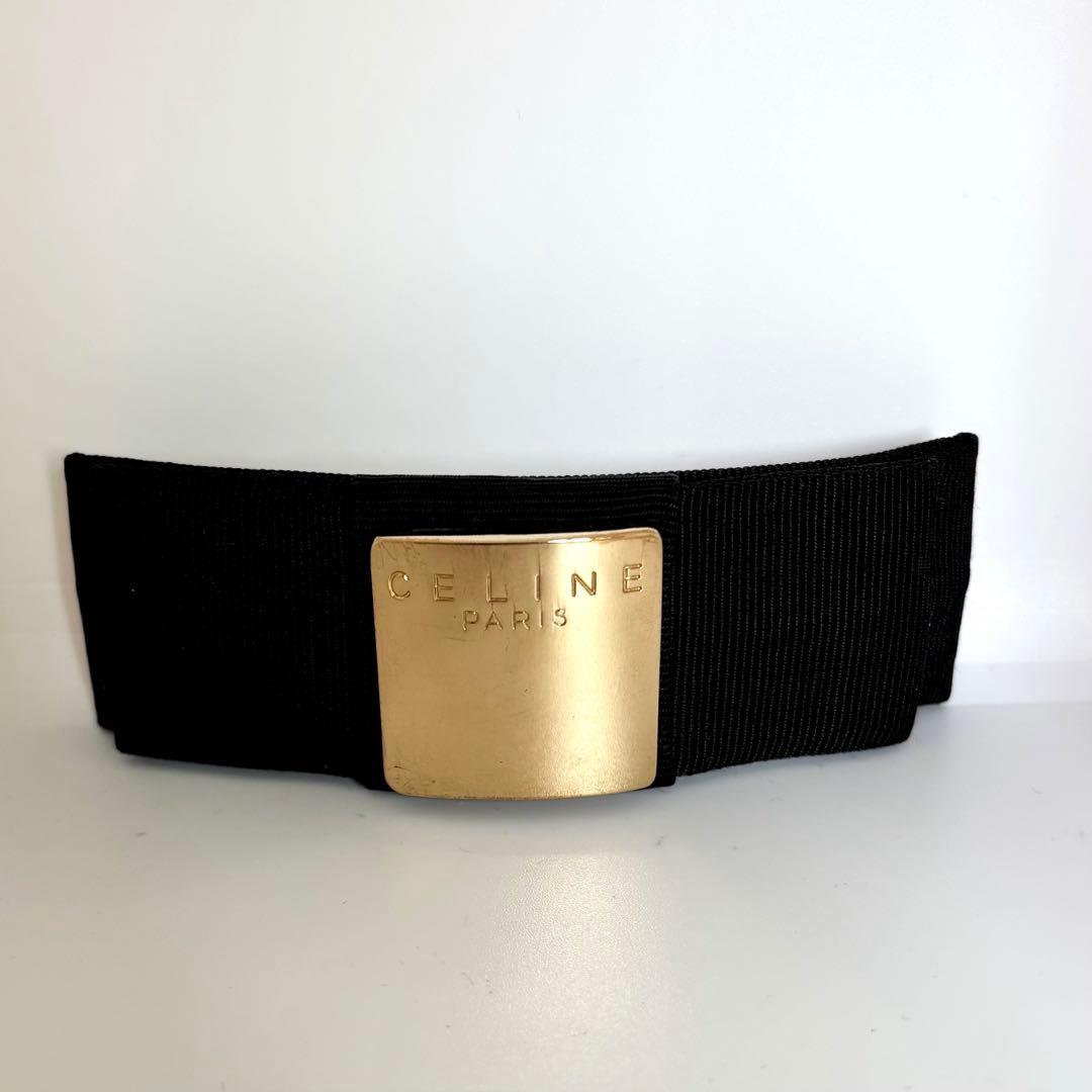 【美品】【セリーヌ】CELINE ロゴ リボン バレッタ 黒 ゴールド色金具