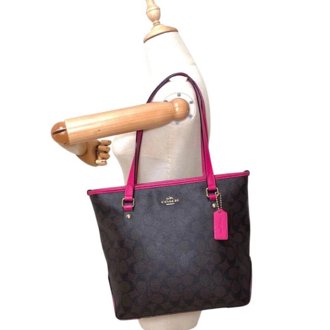 COACH コーチ トートバッグ PVC シグネチャー チャーム 茶色 ピンク