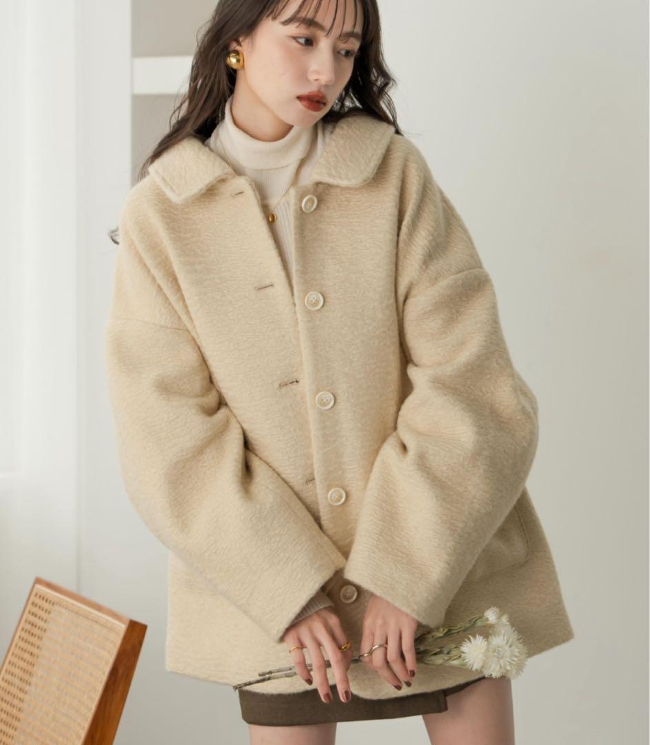 hinari ステンカラーシャギーミドルコート アイボリー ジャケット