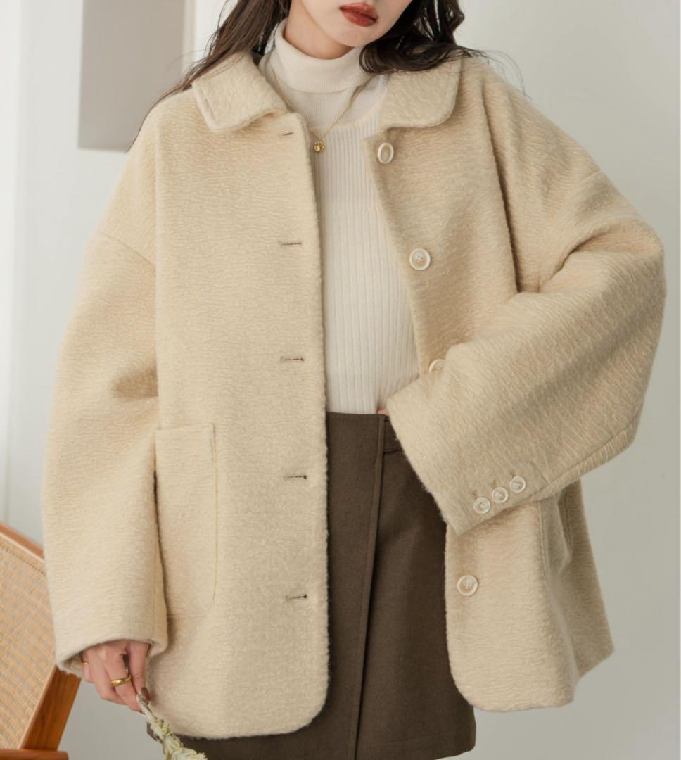 hinari ステンカラーシャギーミドルコート アイボリー ジャケット