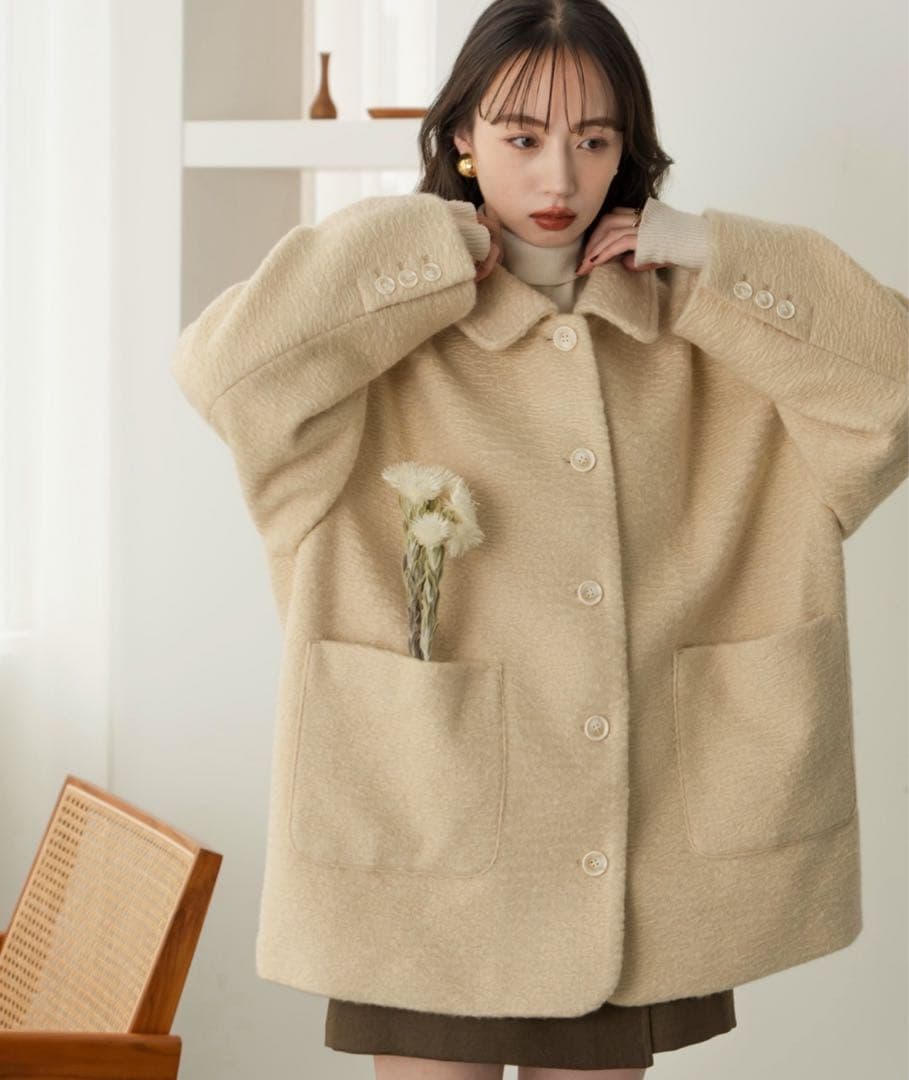 hinari ステンカラーシャギーミドルコート アイボリー ジャケット