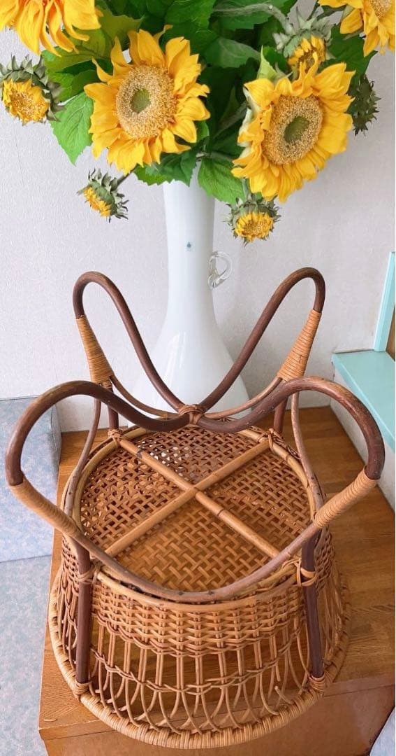 脱衣かご ラタン 藤 ラック 希少 サークル 古道具