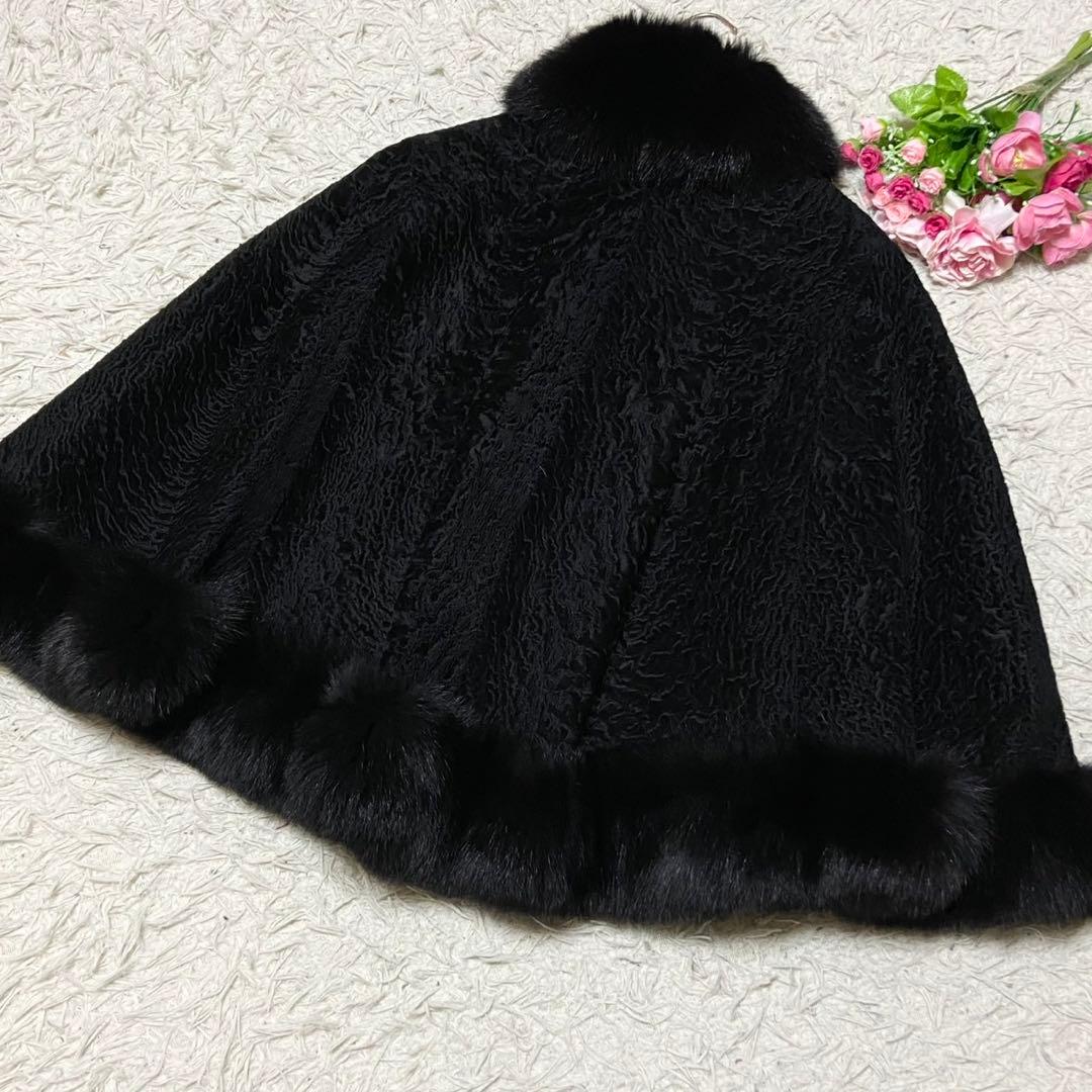 【極美品】毛皮 リアルファーコート ポンチョ ブラック