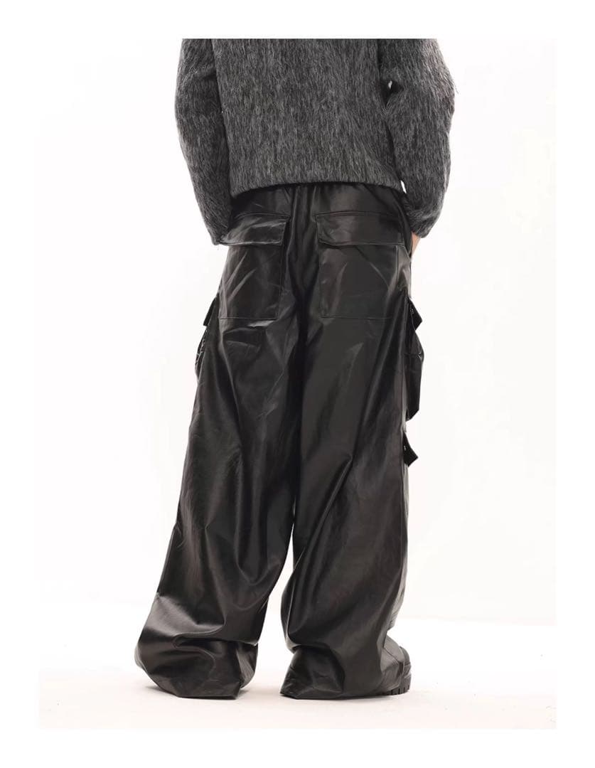 光沢 ワイドカーゴパンツ 多ポケット フルジップ ブラック y2k opium