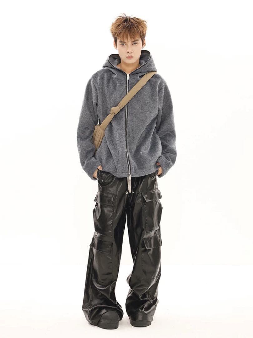 光沢 ワイドカーゴパンツ 多ポケット フルジップ ブラック y2k opium