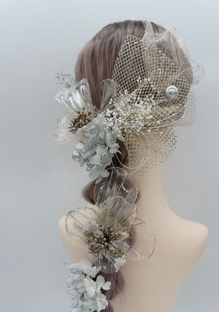 ディップアート髪飾り　ヘッドドレス　2024 成人式　卒業式　結婚式　白ゴールド
