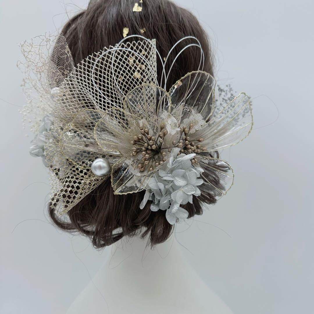 ディップアート髪飾り　ヘッドドレス　2024 成人式　卒業式　結婚式　白ゴールド