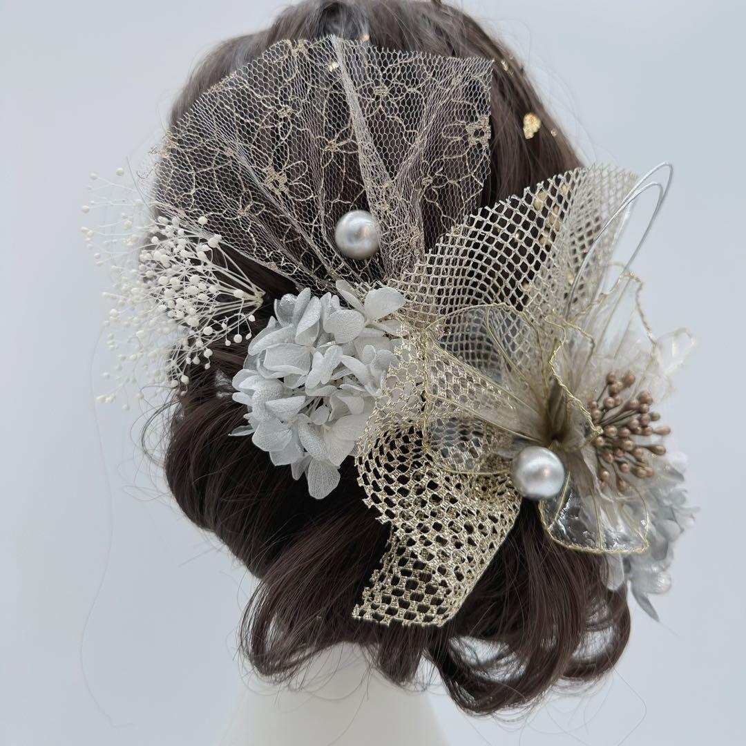 ディップアート髪飾り　ヘッドドレス　2024 成人式　卒業式　結婚式　白ゴールド