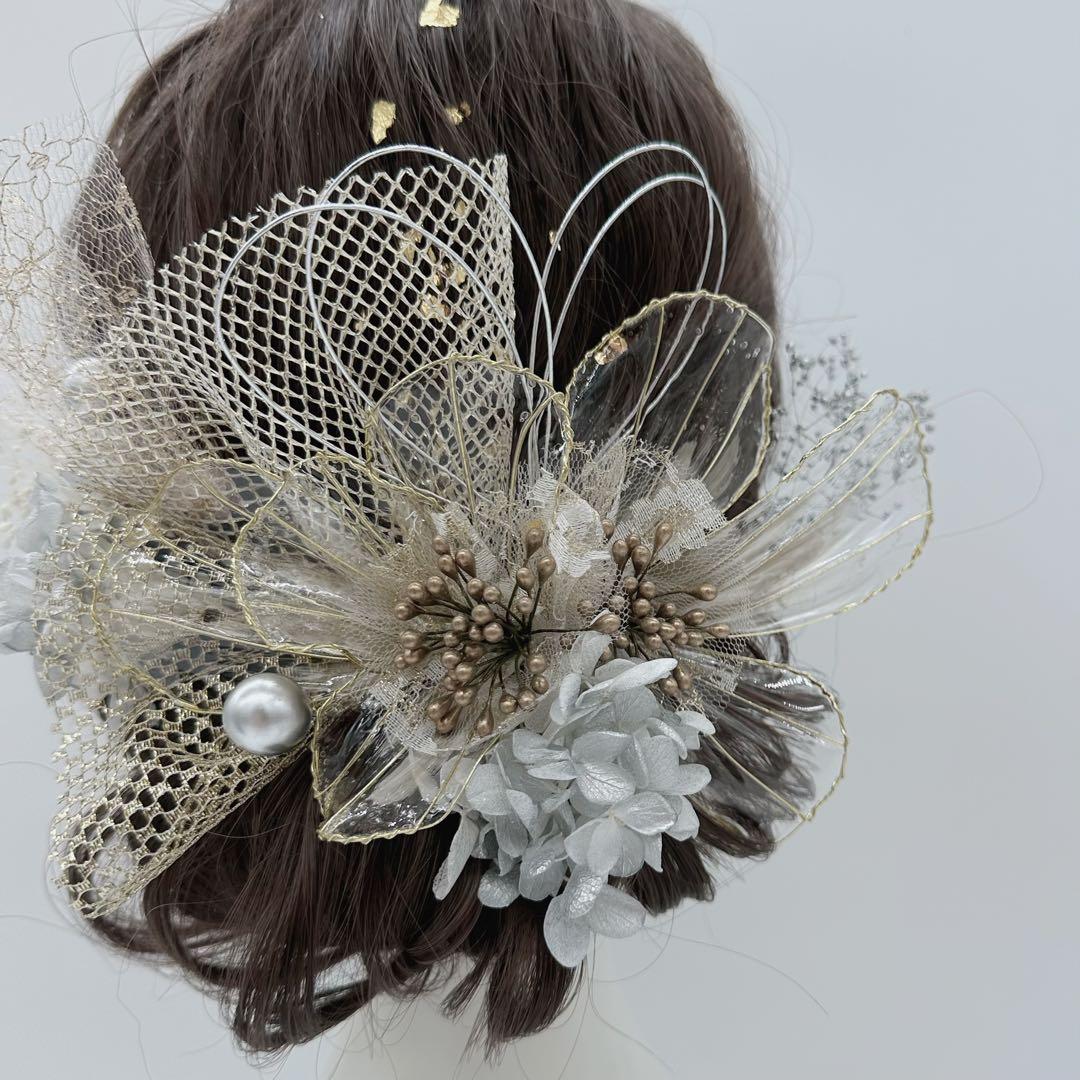 ディップアート髪飾り　ヘッドドレス　2024 成人式　卒業式　結婚式　白ゴールド