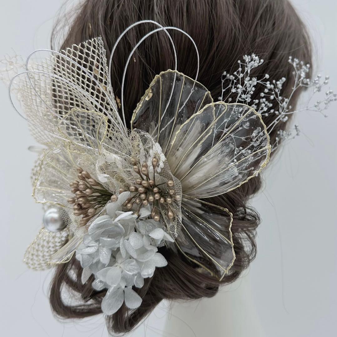 ディップアート髪飾り　ヘッドドレス　2024 成人式　卒業式　結婚式　白ゴールド