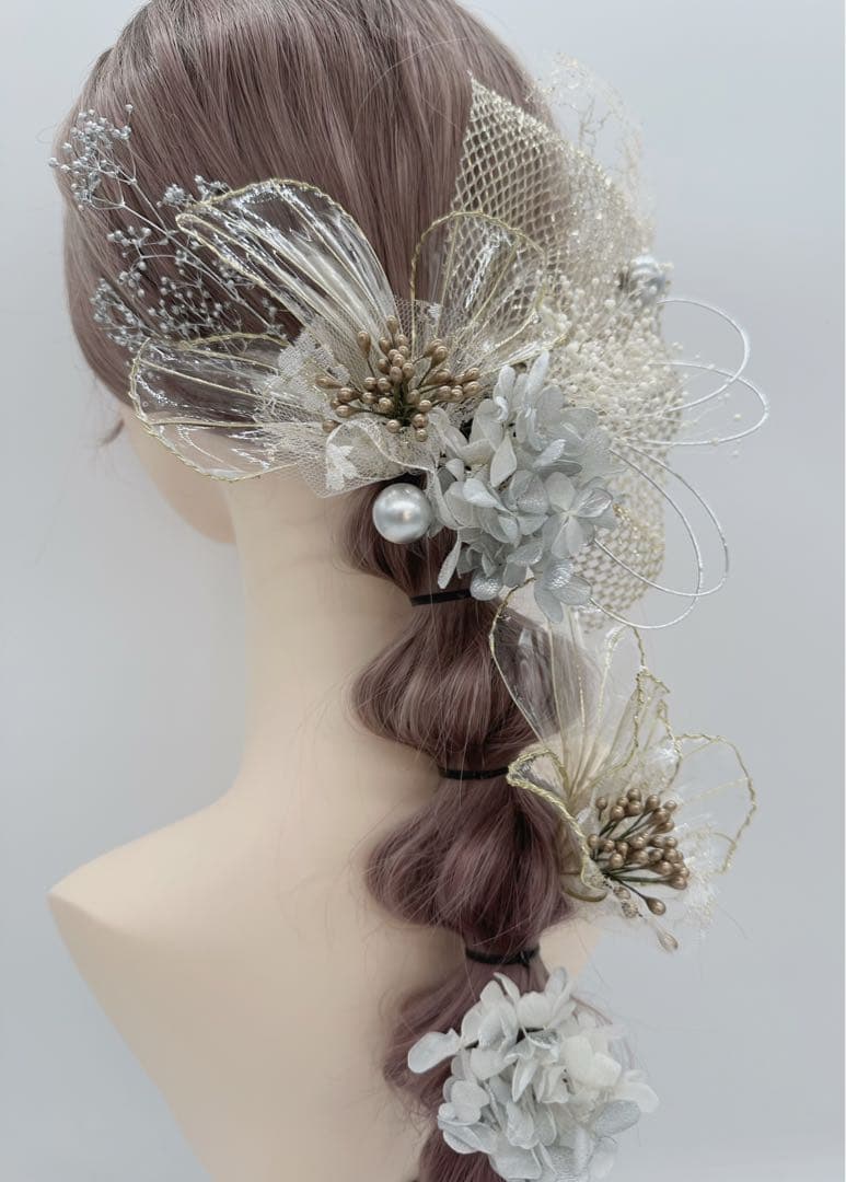 ディップアート髪飾り　ヘッドドレス　2024 成人式　卒業式　結婚式　白ゴールド