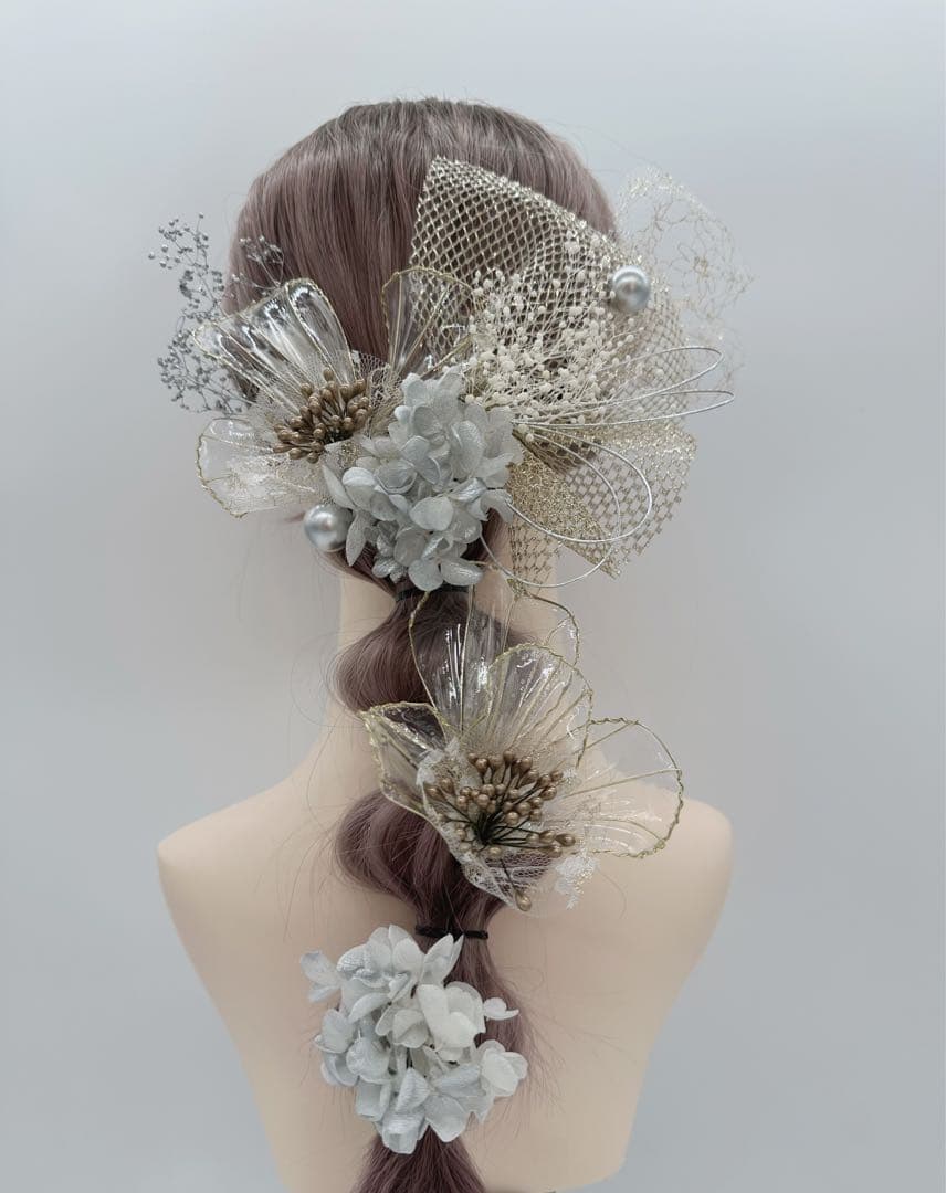 ディップアート髪飾り　ヘッドドレス　2024 成人式　卒業式　結婚式　白ゴールド