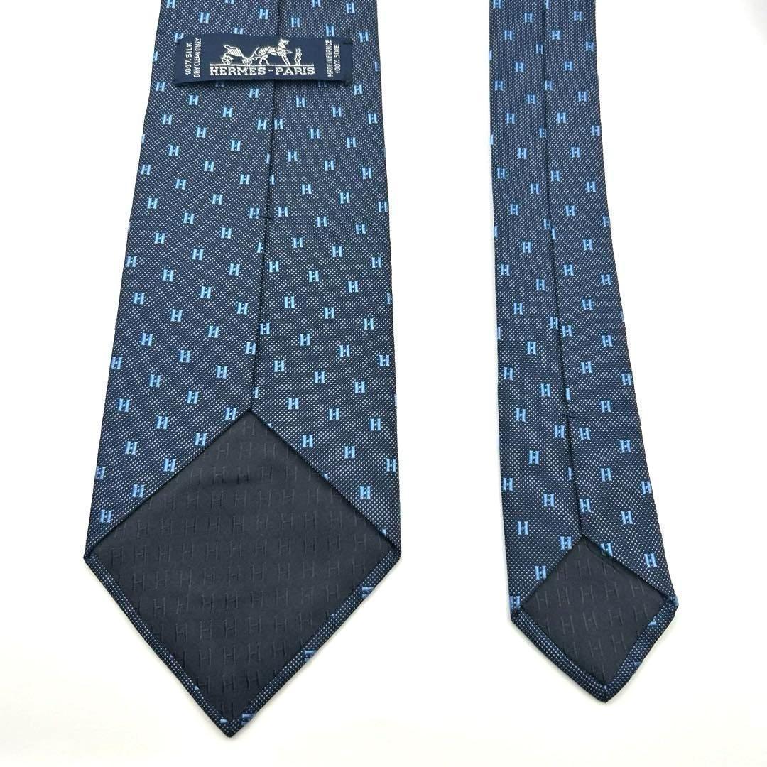 【美品】HERMES エルメス ネクタイ ネイビー H柄 H織 ファソネ 光沢
