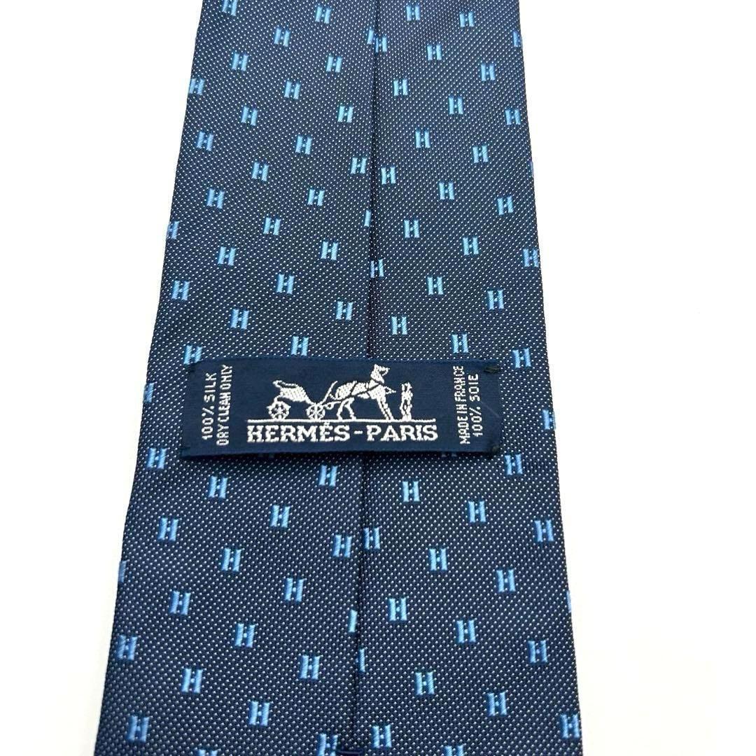 【美品】HERMES エルメス ネクタイ ネイビー H柄 H織 ファソネ 光沢
