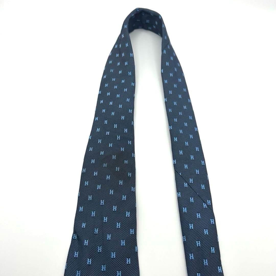 【美品】HERMES エルメス ネクタイ ネイビー H柄 H織 ファソネ 光沢