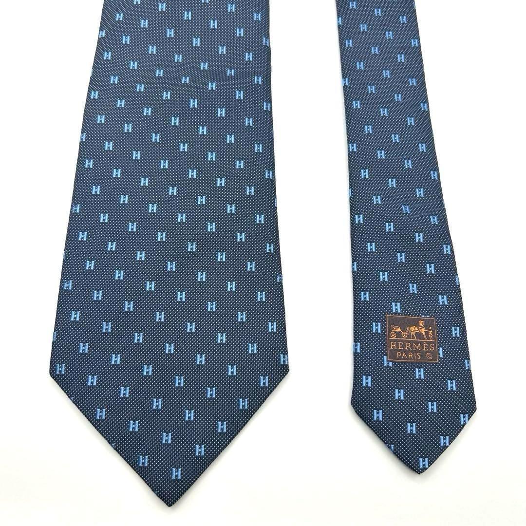 【美品】HERMES エルメス ネクタイ ネイビー H柄 H織 ファソネ 光沢