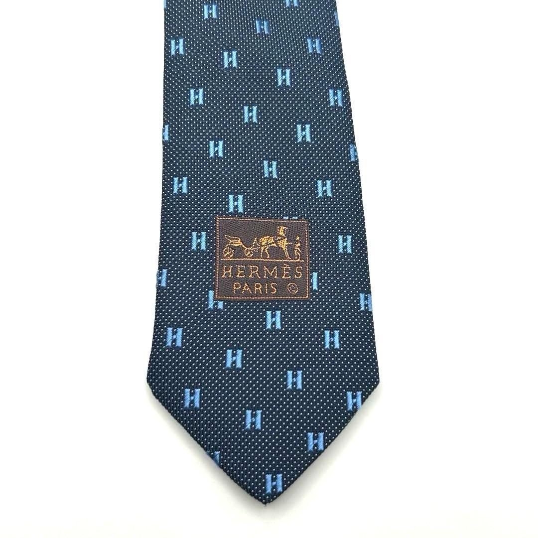 【美品】HERMES エルメス ネクタイ ネイビー H柄 H織 ファソネ 光沢
