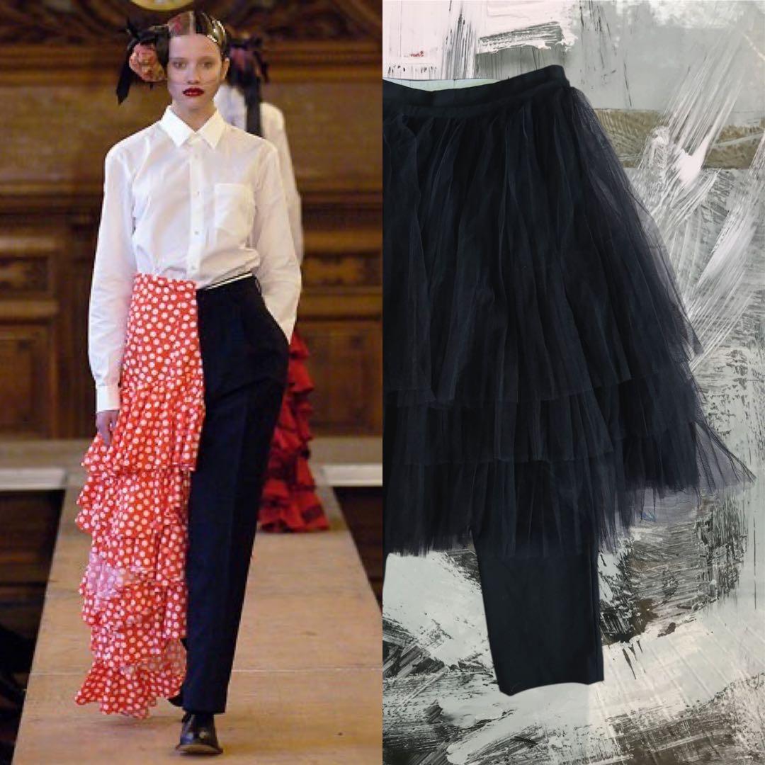 新品 コムデギャルソン ブラックパンツチュールプリーツスカート付レイヤードパンツ