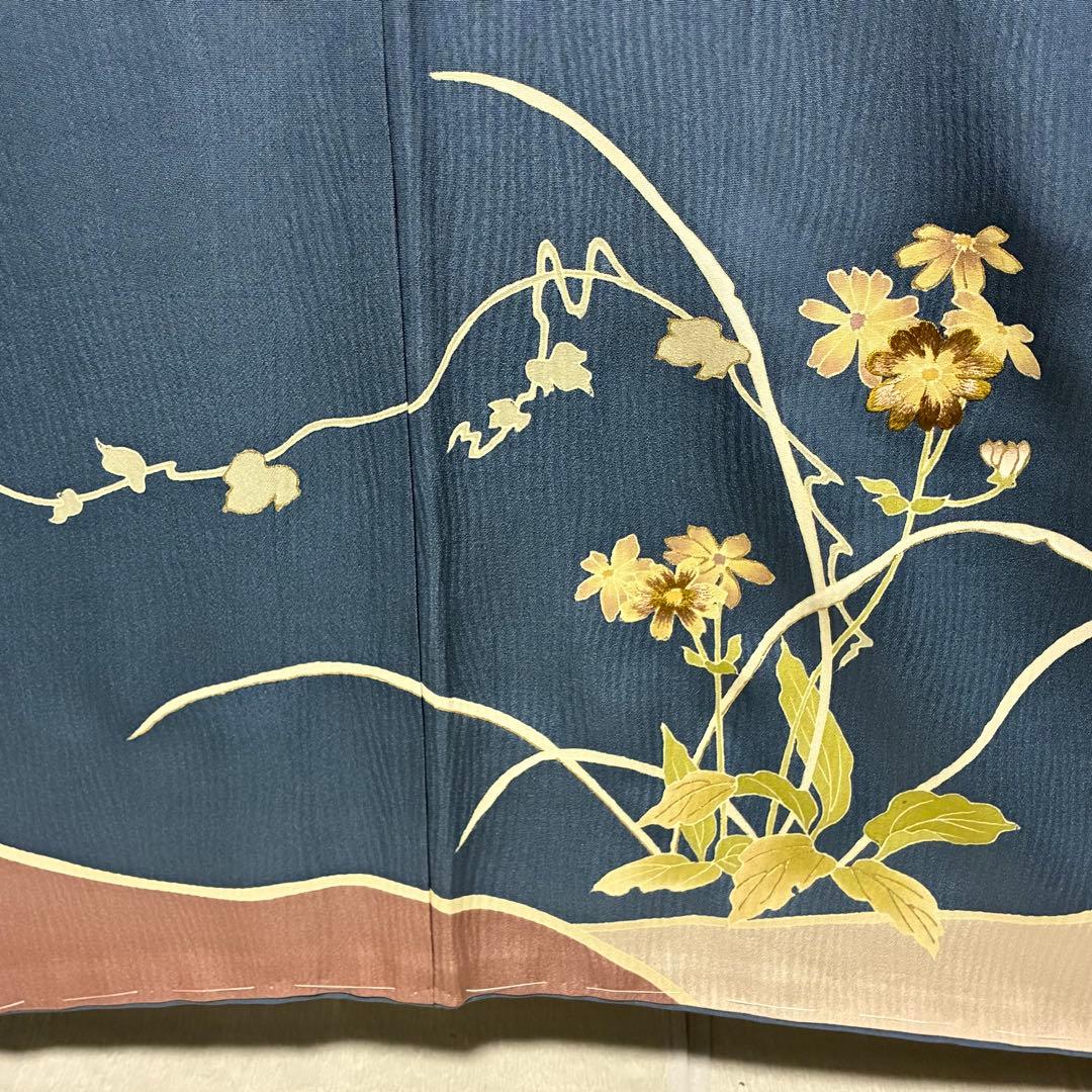 D103 訪問着 菊刺繍 蔦の葉 正絹 着物 袷 しつけ糸付き未使用極美品