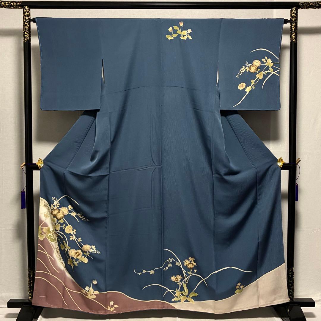 D103 訪問着 菊刺繍 蔦の葉 正絹 着物 袷 しつけ糸付き未使用極美品