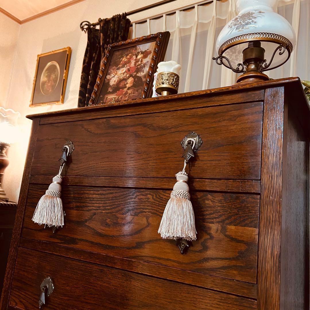 イギリスアンティーク　オーク材　ハイチェスト　6段キャビネット　英国家具