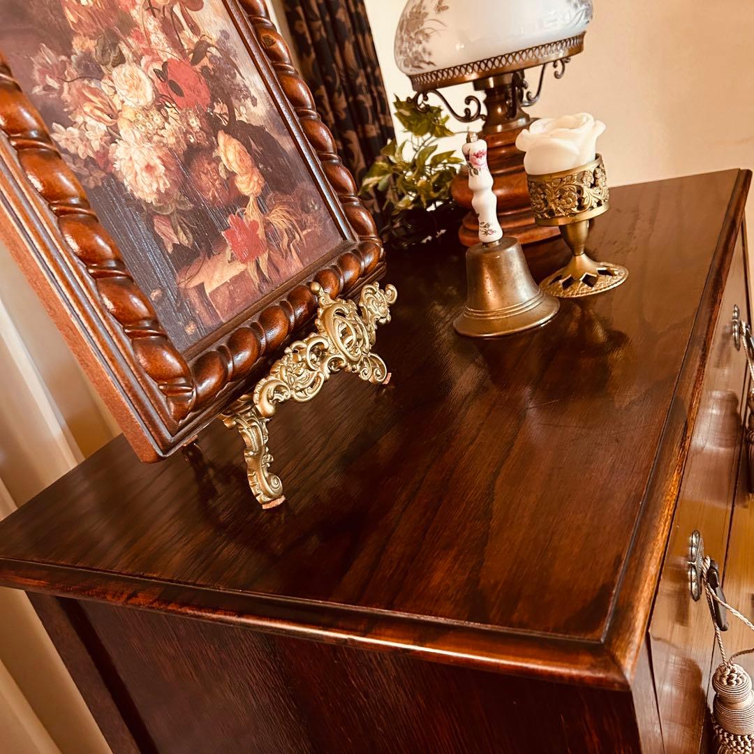 イギリスアンティーク　オーク材　ハイチェスト　6段キャビネット　英国家具