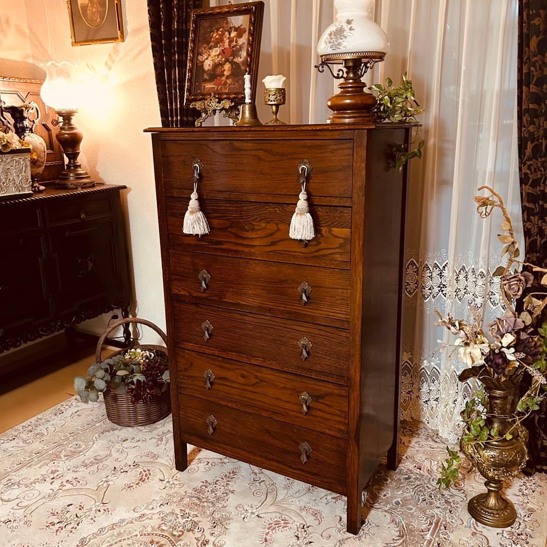 イギリスアンティーク　オーク材　ハイチェスト　6段キャビネット　英国家具